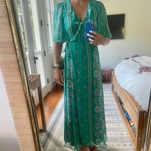 Emerald green printed Sezane wrap dress